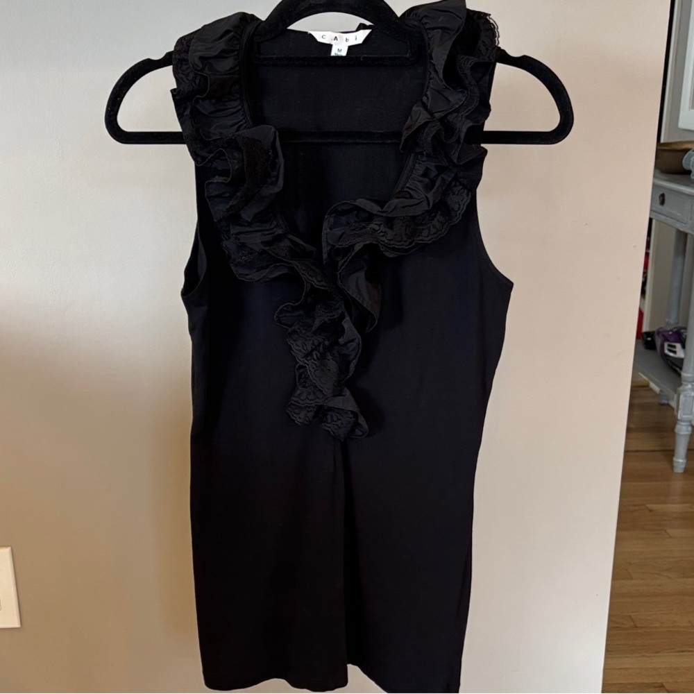 CAbi Black Ruffle Neck Sleeveless Top Medium Lace Trim Blouse Size M